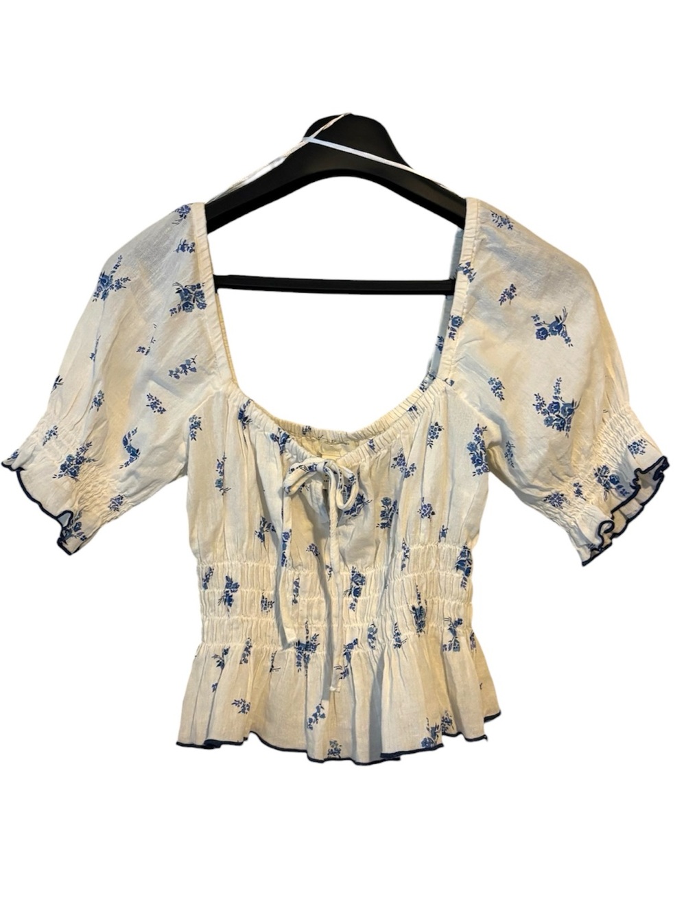 H&M Whit Blue Floral Smocked Peplum Crop Top Puff Sleeve Size XS